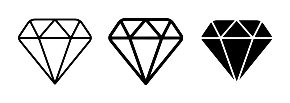 Minimalist diamond icon set, black outline and solid gem symbols, luxury jewelry vector illustrations for branding and web design