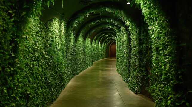 An Lush Greenery Lined Arched Corridor with Soft Lighting and an Entrance to Nature