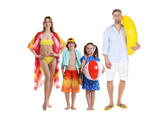 Obraz premium Happy family in beachwear. Portrait on white background