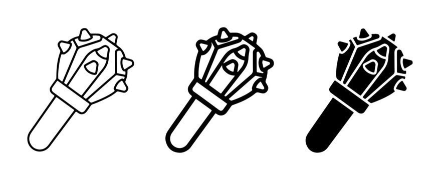 Medieval mace icon set, spiked flail weapon vector illustrations, ancient morning star bludgeon symbols in thin line and solid black styles