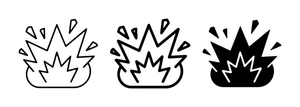 Explosion icon set with three vector blast symbols, comic style bang and burst effects, black and white firework and impact graphic elements