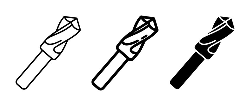 Industrial drill bit icon set, professional metal drilling tool vector illustrations, black line and solid silhouette hardware equipment symbols