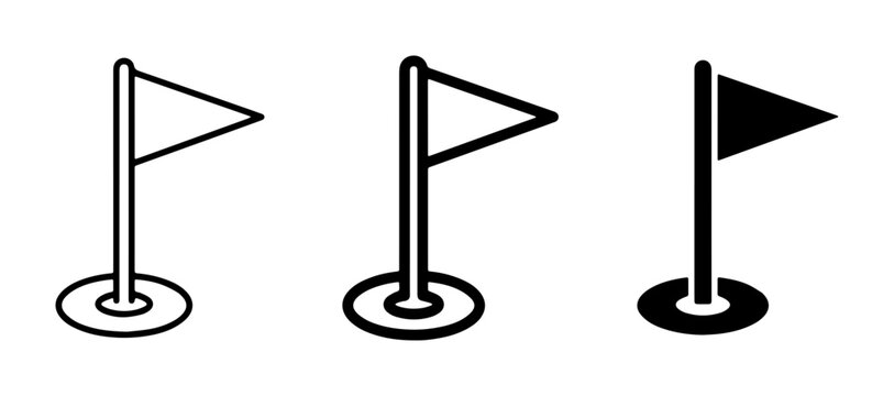 Golf Flag Icons, Set of 3 Vector Graphics: Outline, Filled Outline, Solid Black. Golf Course Marker Symbols for Sports and Recreation Design
