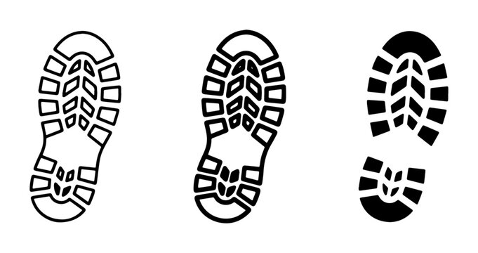 Footprint Icons Vector Set, Boot Tread Marks, Shoe Sole Patterns, Outdoor Adventure Symbols, Black and White Graphic Elements