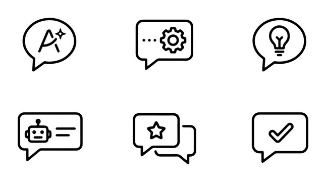 Communication Icons Set: Chat Bubbles with Ideas, Settings, AI Chatbot, Stars, and Checkmark. Modern Vector Graphics for Web and App Design.