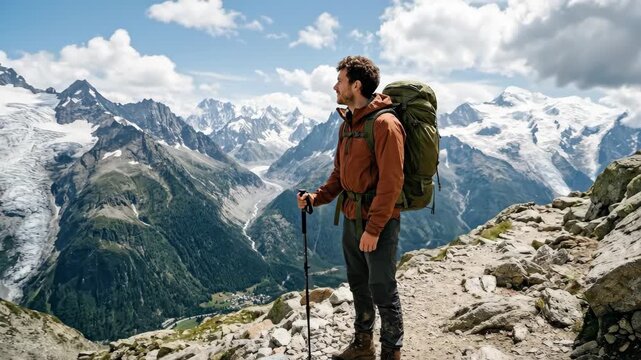 Adventurous mountain trekker enjoying rocky terrain, outdoor travel and hiking concept with rugged landscape, active exploration, freedom and endurance in a dramatic natural setting, scenic adventure