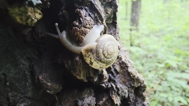 Garden snail on a tree inside the woods