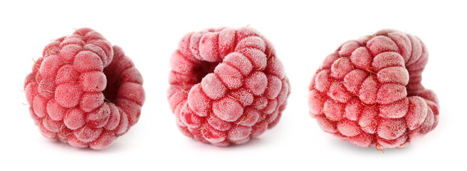 Set of frozen raspberries isolated on white