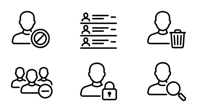 User Management Icons Set: Account Control, Security, Deletion, Search, and Group Management Vector Graphics