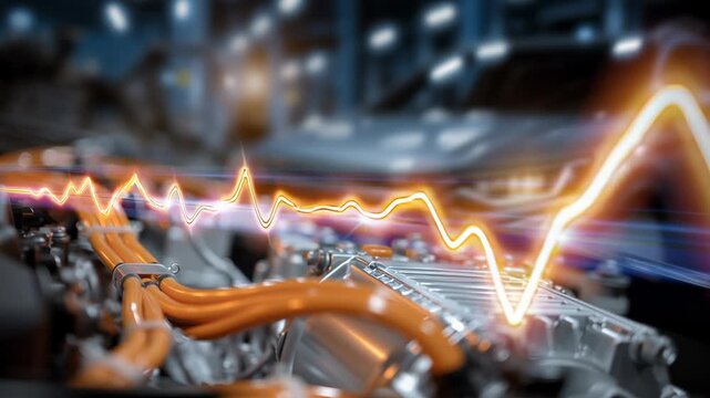 Glowing waveform over electric engine showing energy pulse animation tracing power flow across orange highvoltage cables and metallic motor components