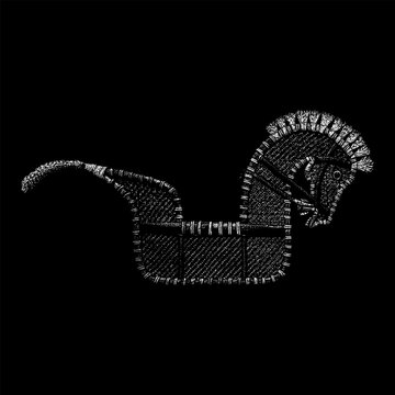 Hand-drawn vector illustration of an Indonesian Kuda Lumping (flat horse) traditional dance prop, featuring intricate woven bamboo patterns and detailed stipple shading isolated on black background.