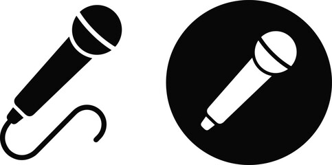 Black and white minimalist microphone icons including a handheld vocal mic with cable and a circular button silhouette for professional podcasting recording © Antara