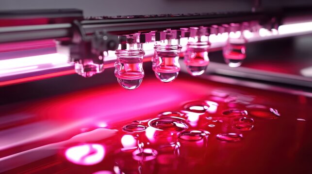 Dynamic Inkjet Printing Process Displaying Fluid Droplets Application on a Glossy Surface With Abstract Red Light Illumination