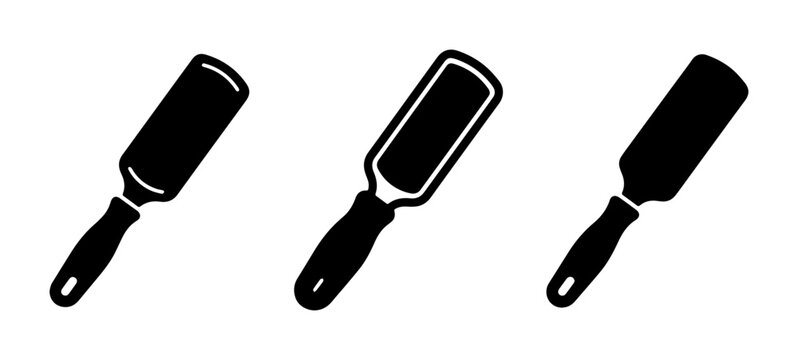 Set of three black vector icons representing foot rasps, callus removers, and pedicure tools for foot care and hygiene
