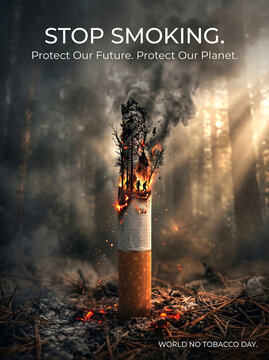 Burning cigarette causes forest fire with smoke and flames rising