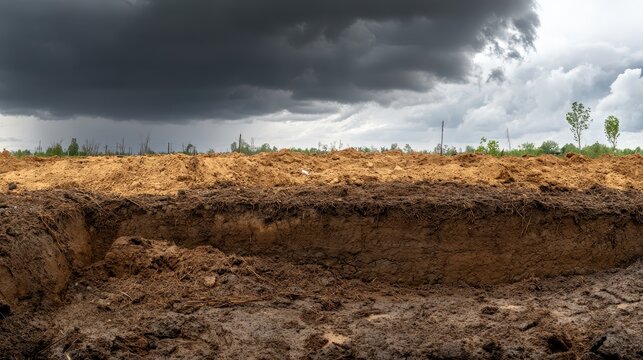 Eroded land landscape with dry soil layers beneath a dramatic overcast sky
