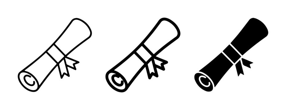Diploma Scroll Icons, Graduation Certificate Vector Set, Award Document Symbols, Achievement Recognition Graphics