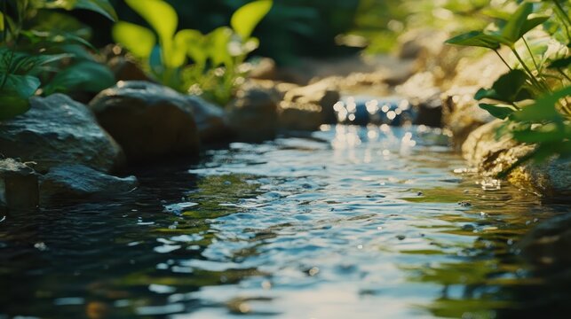 Gentle mountain stream with soft light reflecting on lush natural background