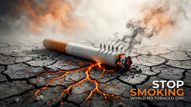 Creative illustration of a broken cigarette with tiny human figures walking on it and smoking clouds in smoke on cracked earth