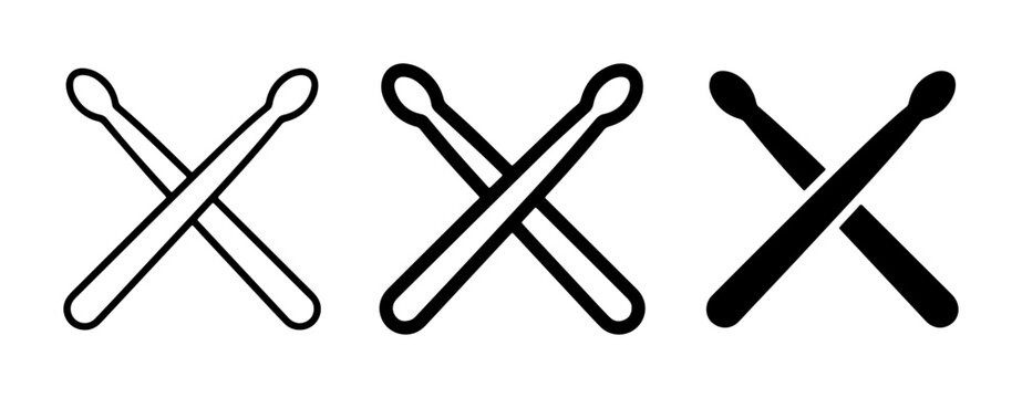 Drumsticks Vector Icons Set, Crossed Drumsticks Symbols, Music Percussion Instrument Graphics, Simple Line Art and Silhouette Styles
