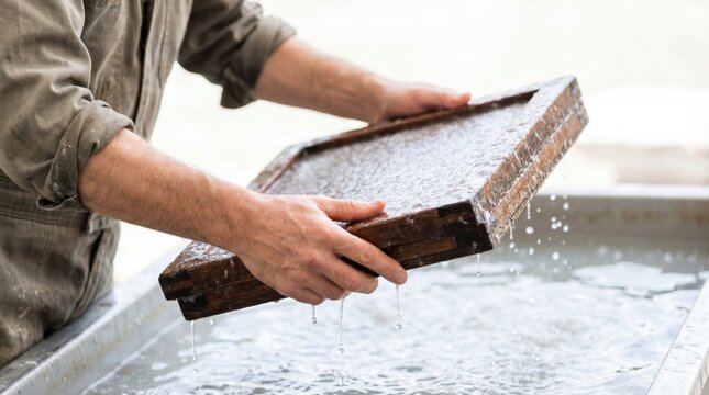 Artisan lifting a wooden mold frame out of water during the traditional papermaking process
