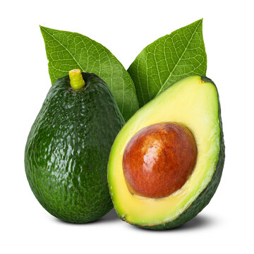 Fresh avocados with green leaves on transparent background