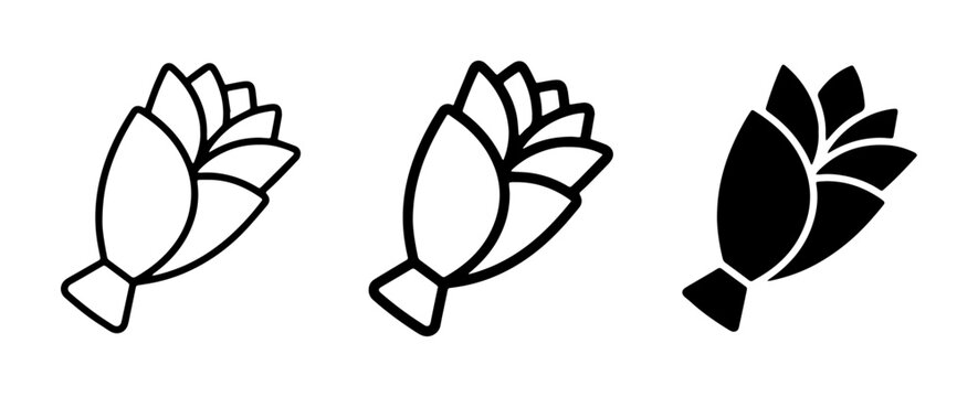 Three stylized hop cone icons, outline and solid fill, representing brewing ingredients and natural elements for graphic design