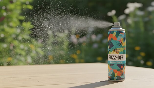 Applying a safety insect repellent spray in vibrant colours on a wooden table outdoors for a mosquito season protection concept, featuring a fine mist and garden background