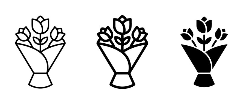 Floral Bouquet Icons, Tulip Flower Arrangements, Simple Vector Graphics for Celebration and Gifting, Line Art and Silhouette Styles