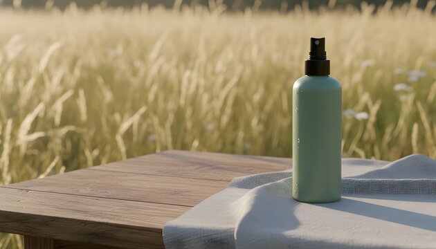 Green repellent spray bottle on wooden table for calmness in meadow during mosquito season for outdoor protection concept with cinematic golden hour lighting
