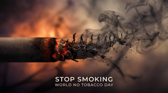 World No Tobacco Day stop smoking campaign with cigarette and silhouettes of people disintegrating into smoke