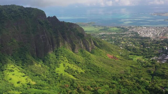 Epic Oahu mountain ridge and Kaneohe Bay aerial Hawaii
