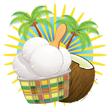 Fruity Ice Cream delicious cup Coconut flavour with Coconut palm tree Vector Logo Design EPS 
