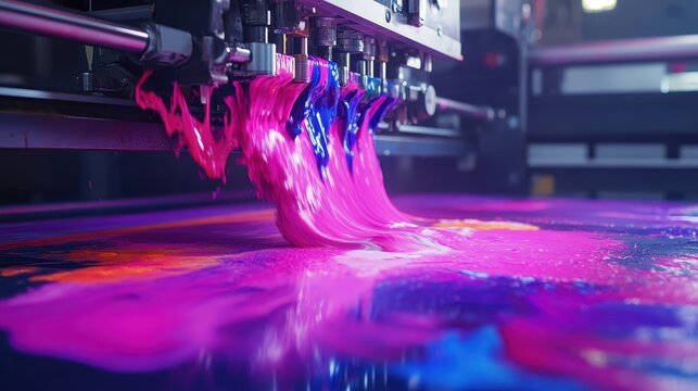 Offset printing press applies vibrant pink and blue inks in a dynamic industrial manufacturing process