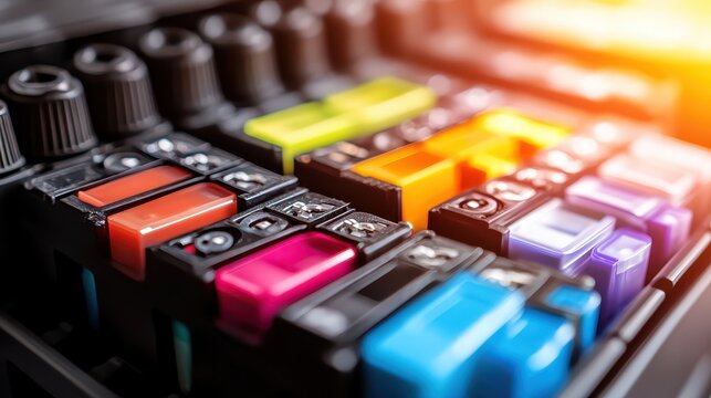 Row of vibrant color ink cartridges inside a modern printer ready for high-quality printing