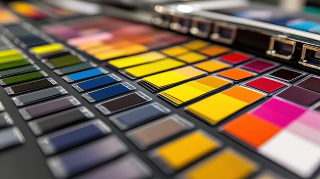 Professional print proofing station displaying vibrant color samples and clean layouts for accurate final inspection