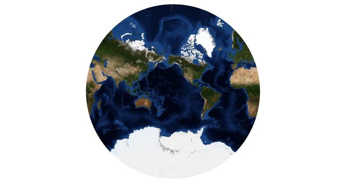 World map in Lagrange conformal projection. Animated longitude shift rotation. High-detail physical Earth map. June View. Elements of this video furnished by NASA.