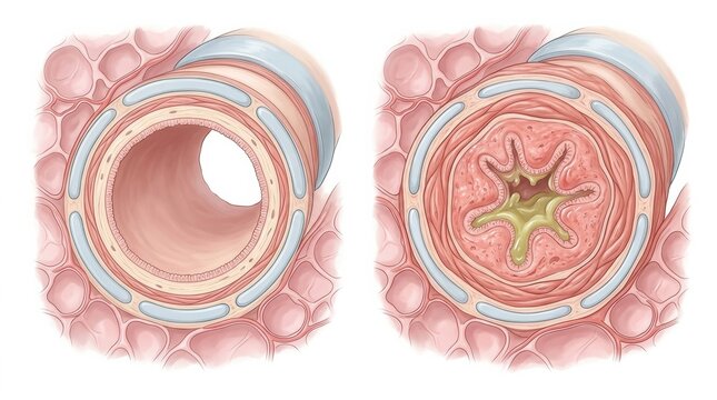 This illustration depicts the airways affected by asthma, comparing open and constricted states. It highlights changes in structure and function.