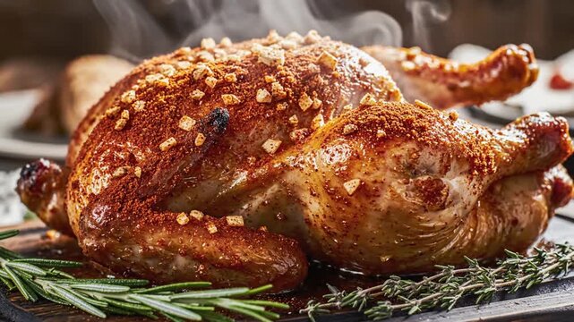 Whole golden brown roasted chicken seasoned with rosemary, thyme, and spices, resting on a serving platter with steam rising from the hot meat against a dark background.