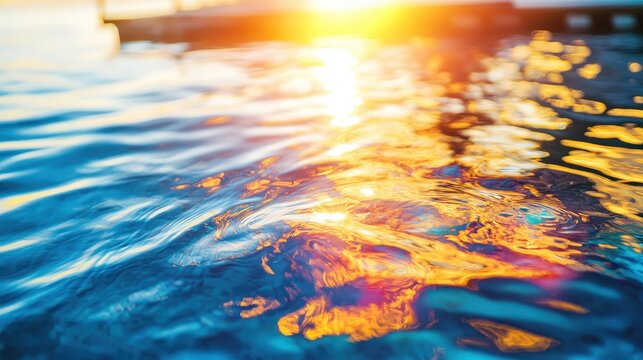 Sunlight reflects on the vibrant, colorful surface of polluted harbor water, showcasing iridescent oil slick patterns in macro photography.