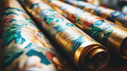 Obraz premium Close up of vintage floral patterned gift wrapping paper rolls with soft lighting