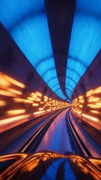 Futuristic High-Speed Tunnel Motion featuring glowing blue and orange lights on tracks for sci-fi backgrounds and technology concepts Vertical. Video. Portrait Orientation.