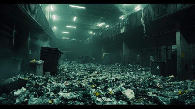 Vast industrial waste management facility with advanced sorting systems in a dim, cluttered environment showcasing massive scale and processing operations