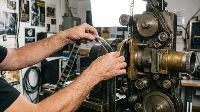 Technician carefully threading 35mm film through an antique mechanical cinema projector