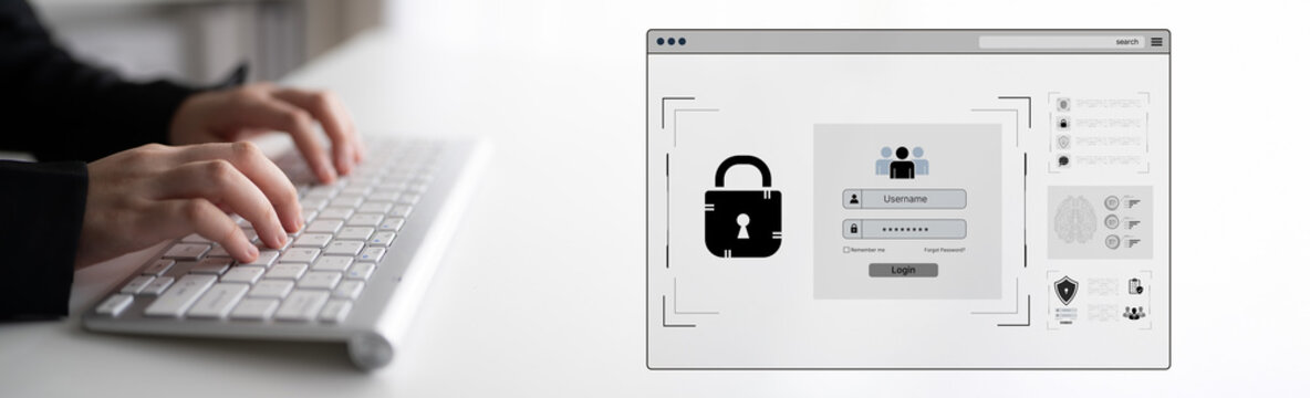 Concept of cybersecurity and data privacy. A secure login interface requires user authentication with a private password to protect personal account information and prevent fraud. Fermion