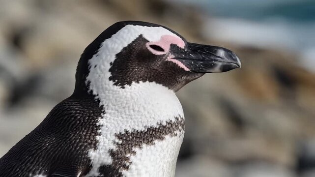 Closeup of an African Penguin resting with eyes closed in natural sunlight.