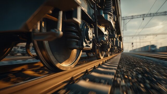 A close-up of a train wheel is in focus, while on a train track, train in the railway,train in motion, train in motion blur, close up of a steam locomotive, steam engine detail, steam train on railway