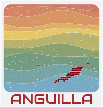 Anguilla vintage logo. Hexagon dots shape of the country on retro colored stripe waves background. Anguilla map design with grunge scratch texture. Vector Illustration.