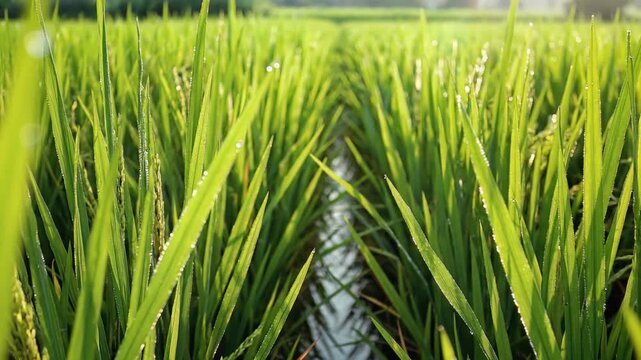 Lush Green Rice Paddy Field with Water Channel in Sunlight.