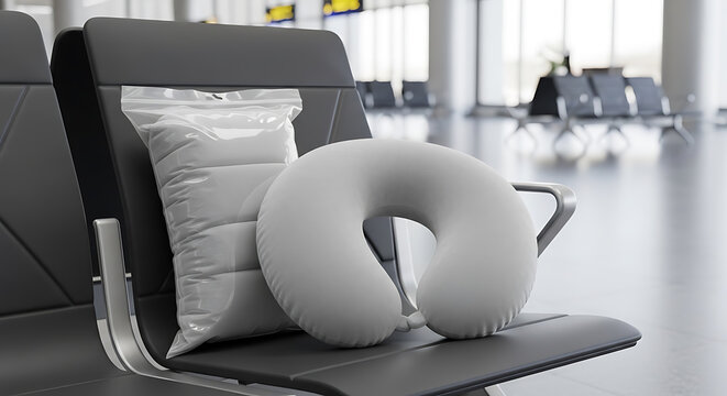 Airport seating with neck pillow and cushion for travel comfort mockup, blank spaces for text